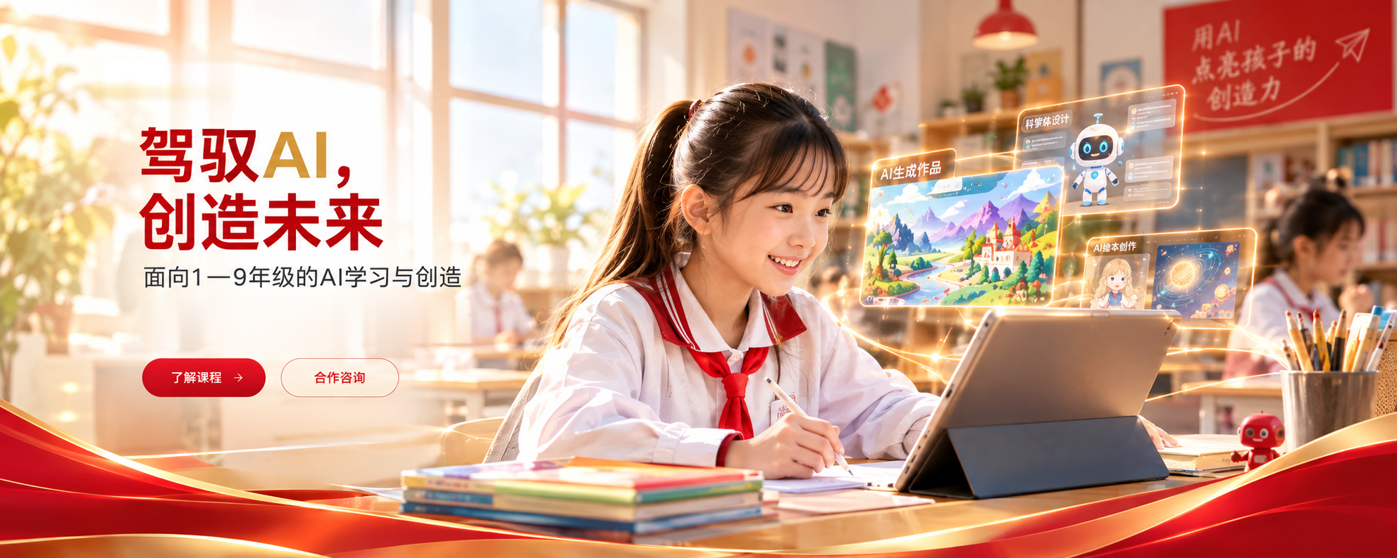 阳光教室里的学生使用平板开展AI创作，画面展示绘本与项目设计作品